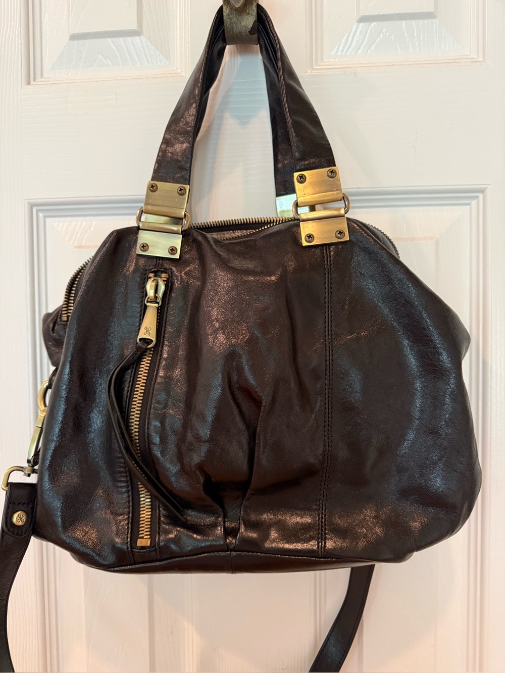 HOBO Black Leather Shoulder Bag with Gold Hardware
